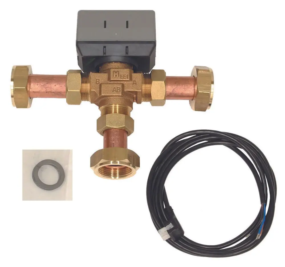 Vaillant-Ventilblock aus Messing und Kupfer mit elektrischer Steuerung und Kabel, ausgestattet mit einer Dichtungsring für die Installation.